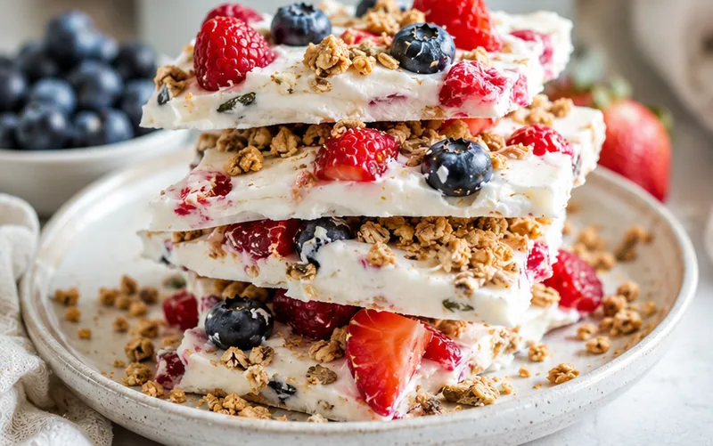 Frozen Yogurt Bark with Berries and Granola Clusters, ready to serve