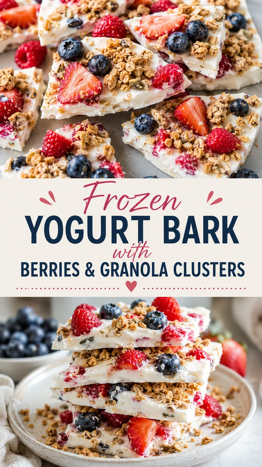 Pinterest image for Easy Frozen Yogurt Bark With Berries And Granola Clusters Recipe, with two photos of the recipe