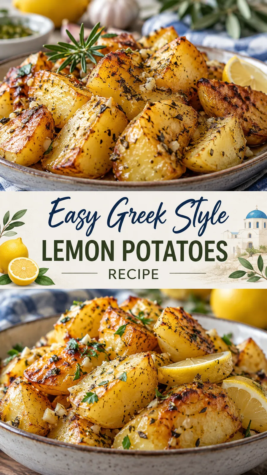 Pinterest image for Easy Greek Style Lemon Potatoes Recipe, with two photos of the recipe