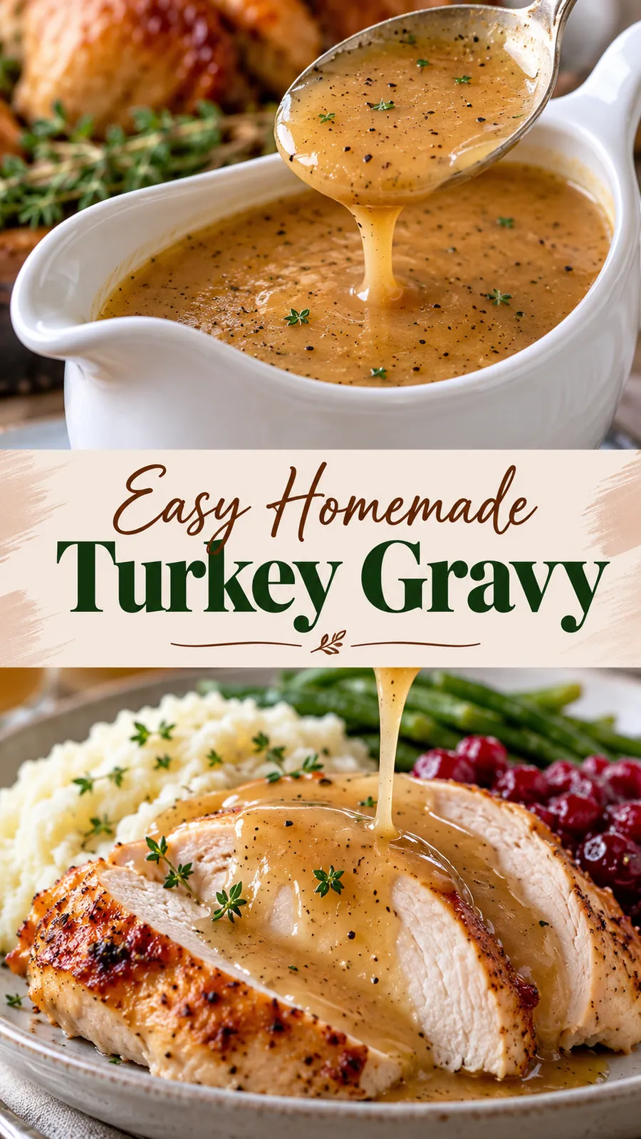Pinterest image for Easy Homemade Turkey Gravy, with two photos of the recipe