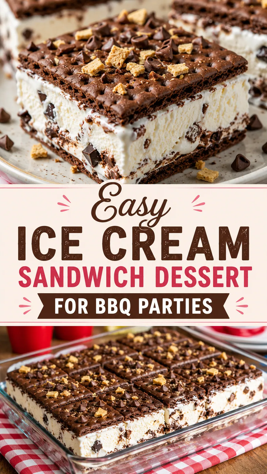 Pinterest image for Easy Ice Cream Sandwich Dessert For Bbq Parties, with two photos of the recipe