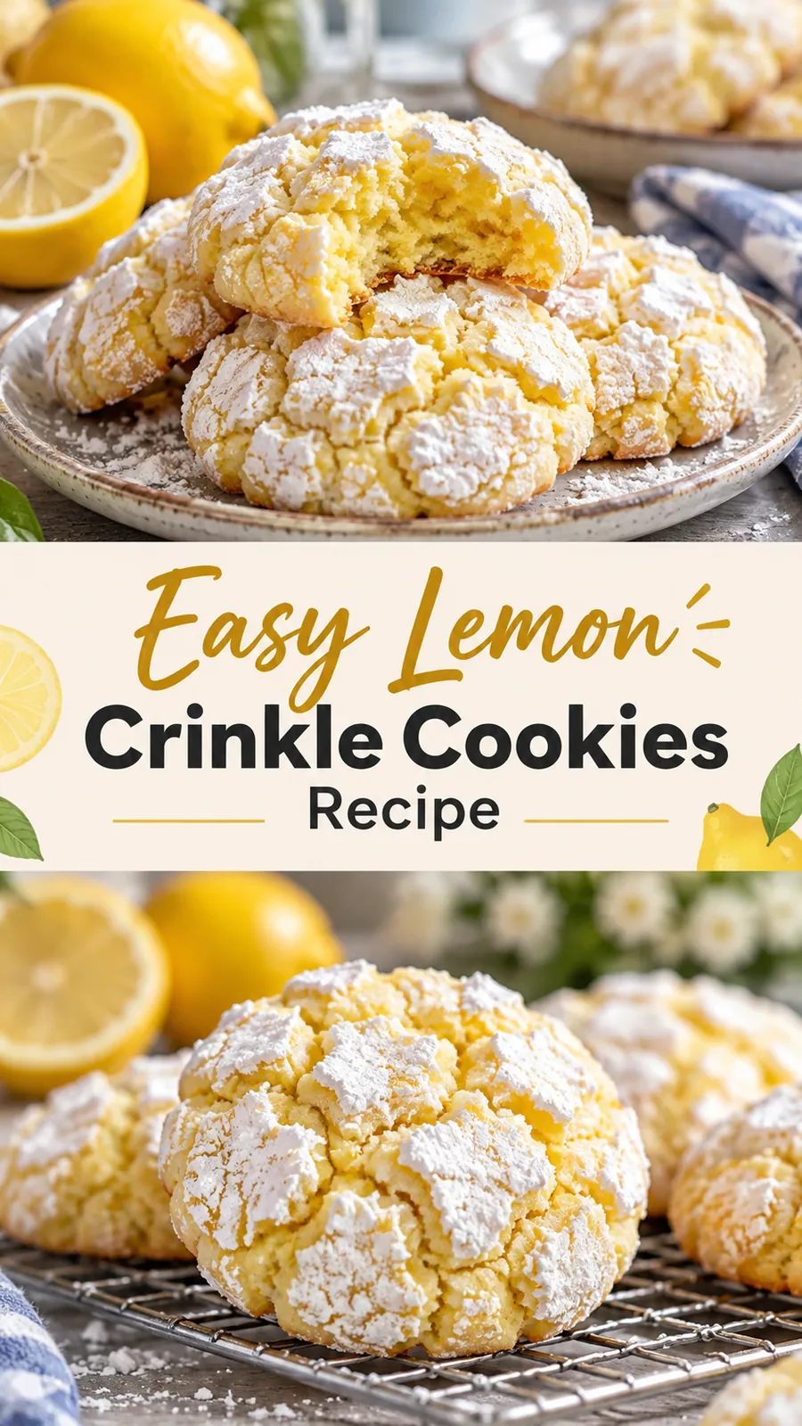 Pinterest image for Easy Lemon Crinkle Cookies Recipe, with two photos of the recipe