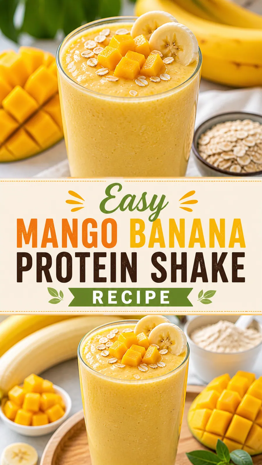 Pinterest image for Easy Mango Banana Protein Shake Recipe, with two photos of the recipe