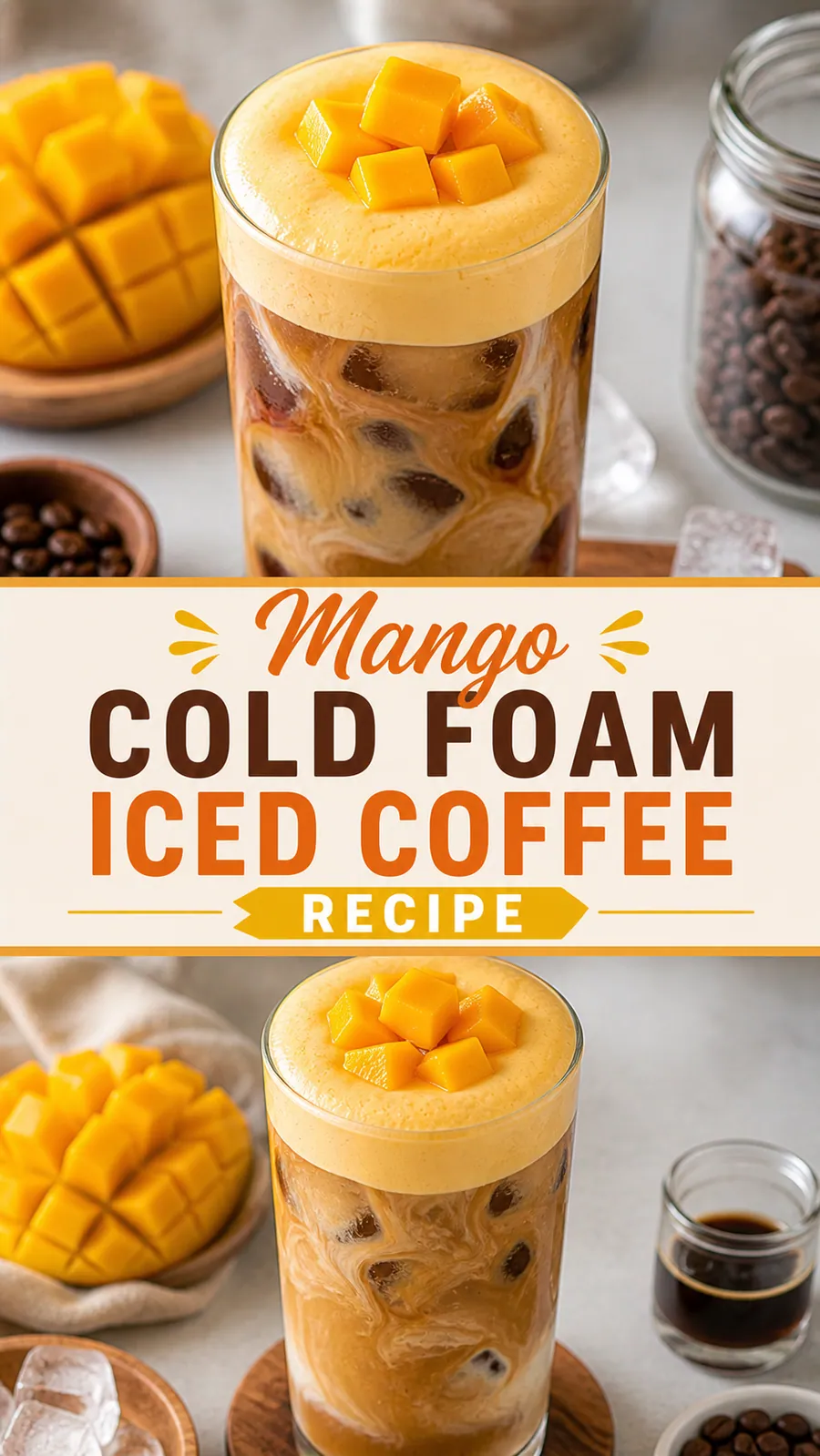 Pinterest image for Easy Mango Cold Foam Iced Coffee Recipe, with two photos of the recipe