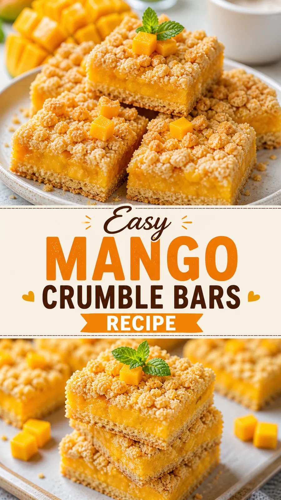 Pinterest image for Easy Mango Crumble Bars Recipe, with two photos of the recipe
