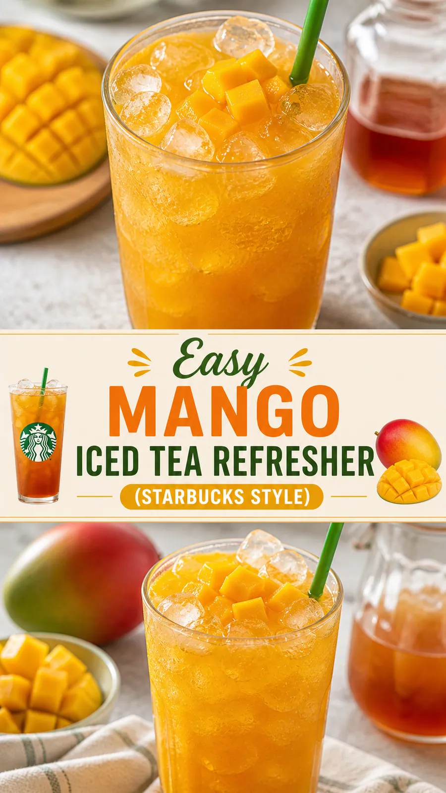 Pinterest image for Easy Mango Iced Tea Refresher (Starbucks Style), with two photos of the recipe