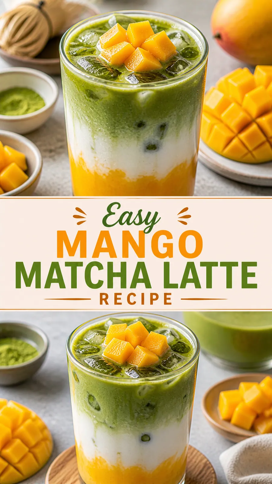 Pinterest image for Easy Mango Matcha Latte Recipe, with two photos of the recipe
