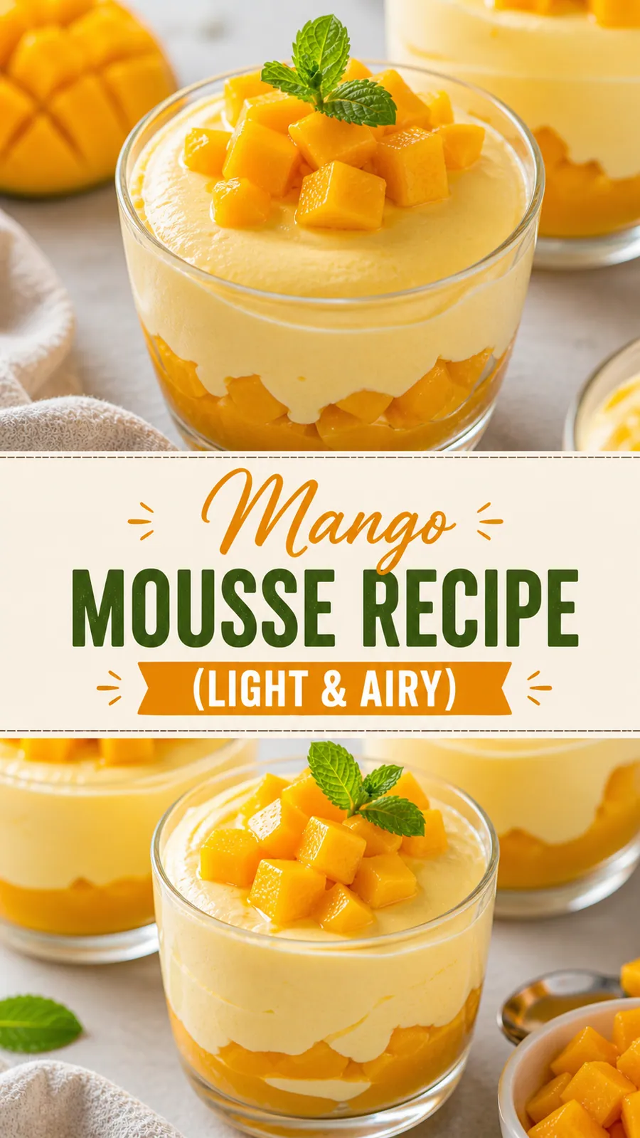 Pinterest image for Easy Mango Mousse Recipe (Light & Airy), with two photos of the recipe