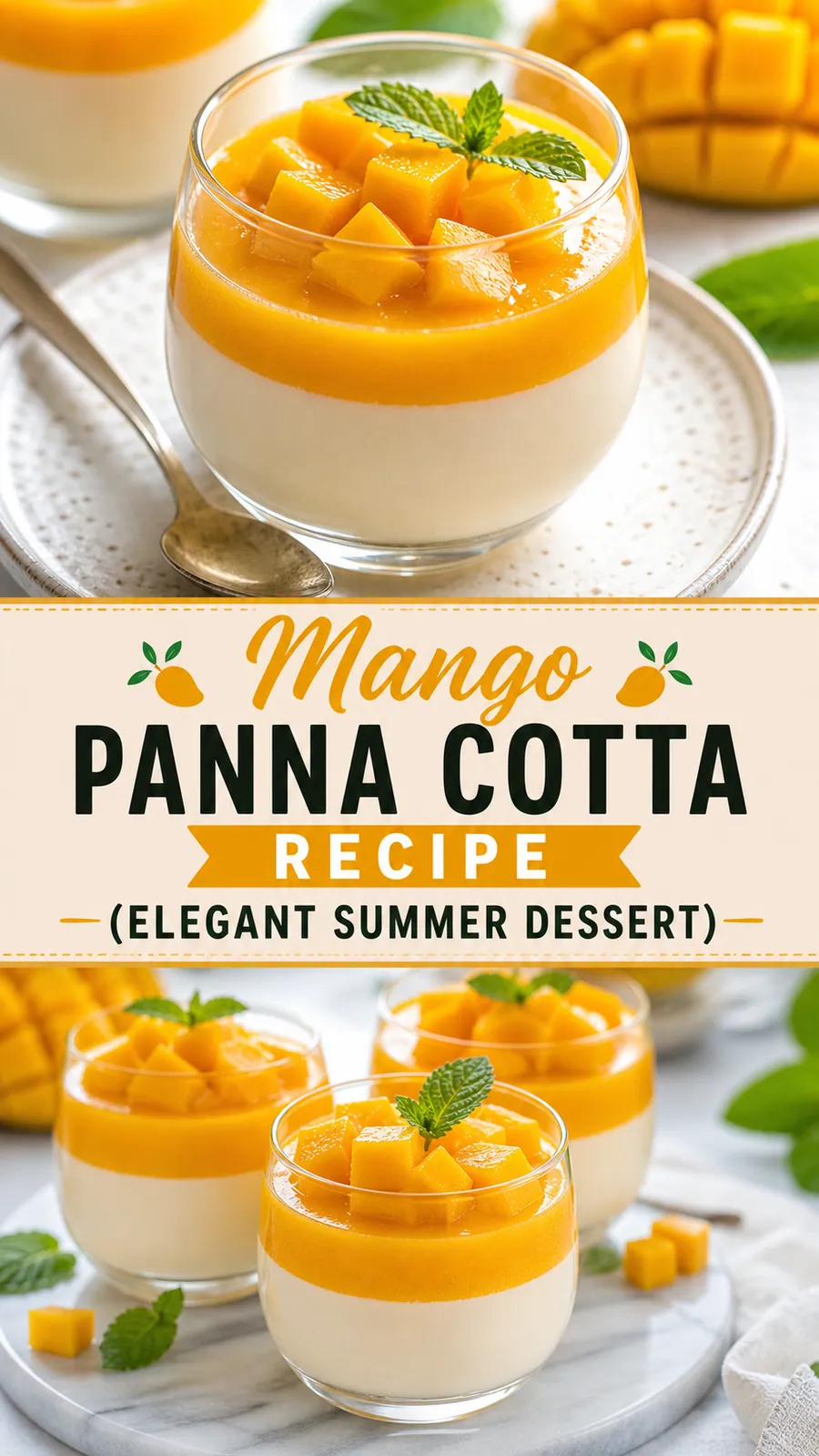 Pinterest image for Easy Mango Panna Cotta Recipe (Elegant Summer Dessert), with two photos of the recipe