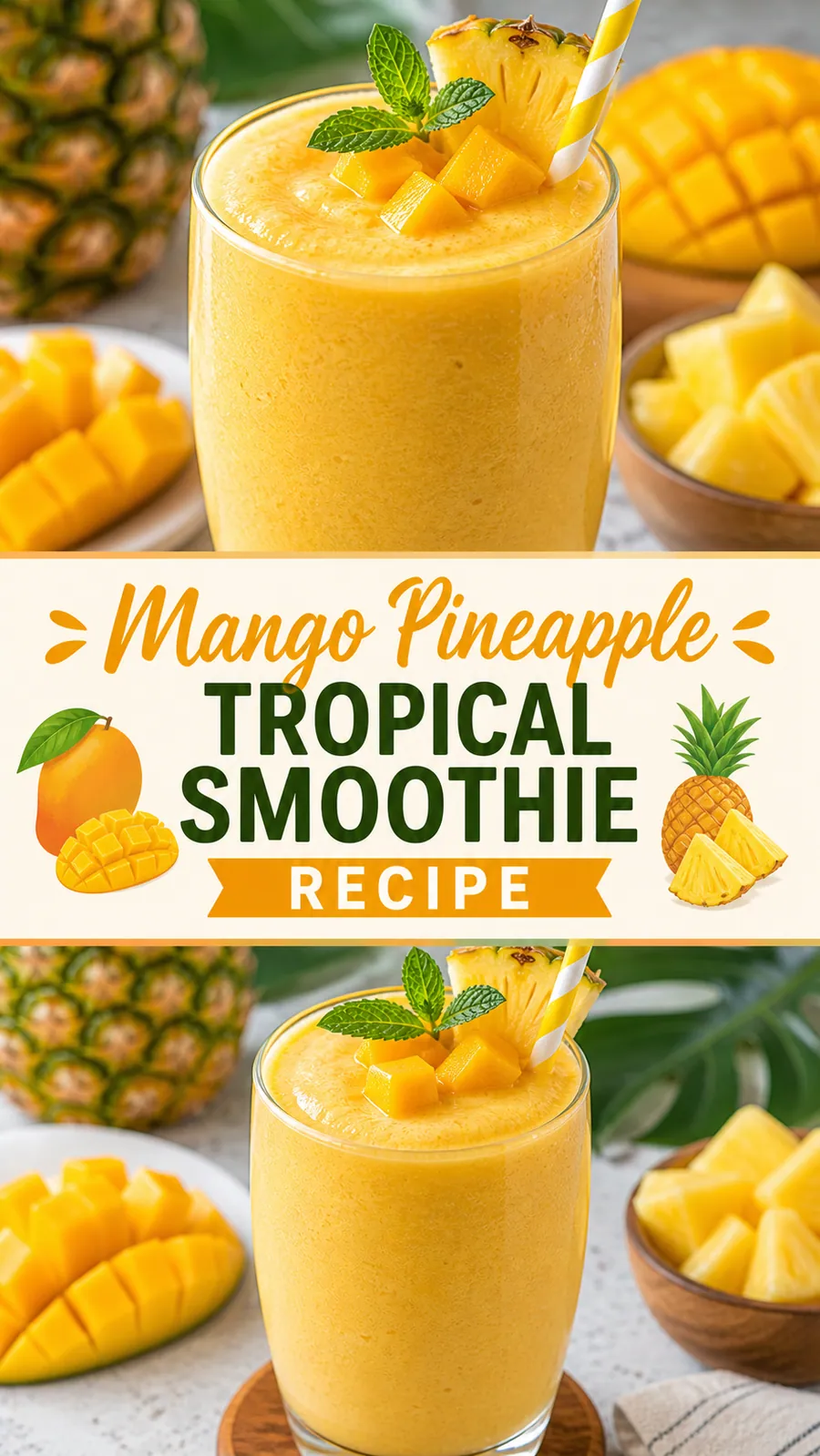 Pinterest image for Easy Mango Pineapple Tropical Smoothie Recipe, with two photos of the recipe