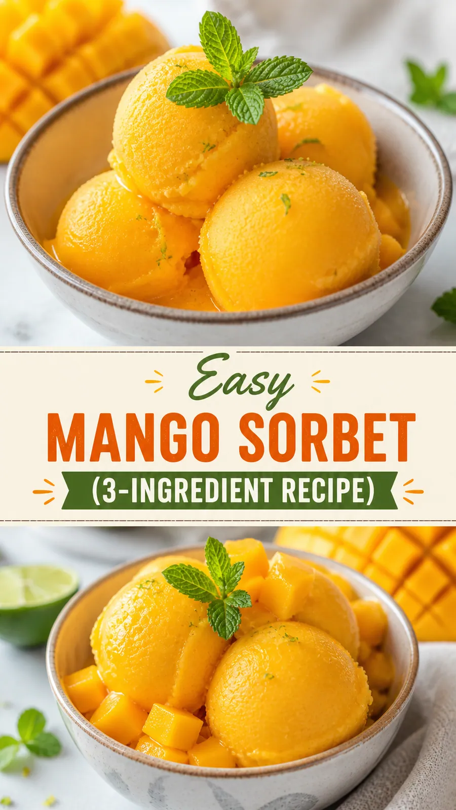 Pinterest image for Easy Mango Sorbet Recipe (Just 3-Ingredient), with two photos of the recipe