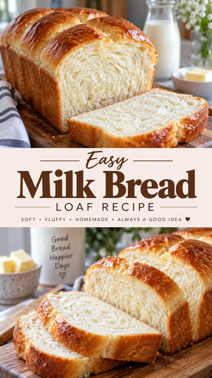 Pinterest image for Easy Milk Bread Loaf Recipe, with two photos of the recipe