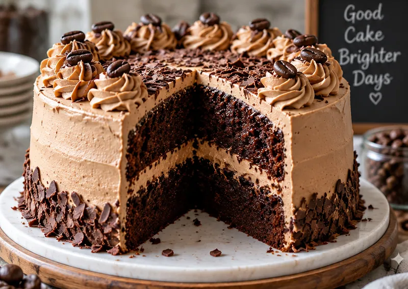 Easy Moist Chocolate Cake with Coffee Buttercream, ready to serve