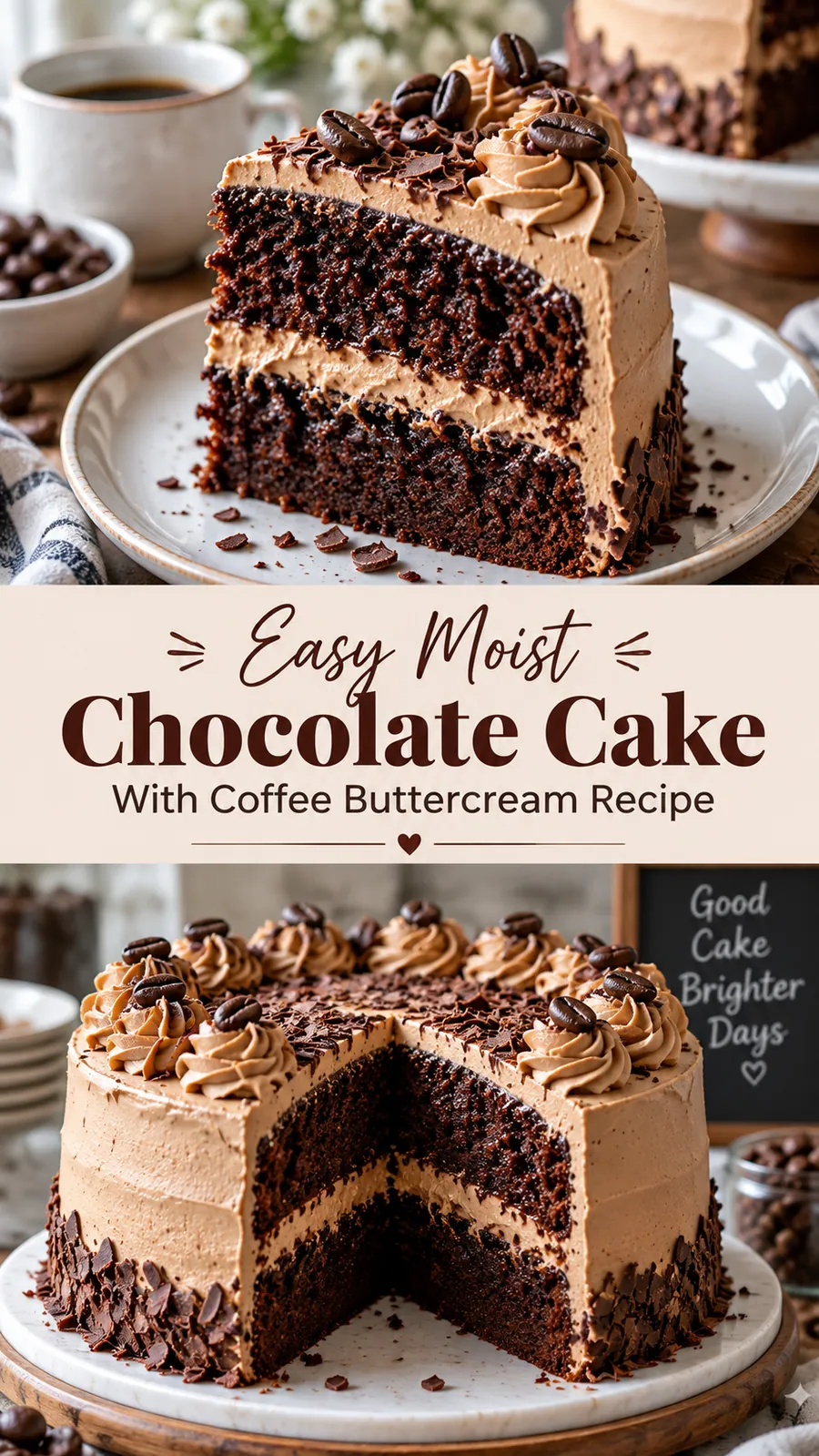 Pinterest image for Easy Moist Chocolate Cake With Coffee Buttercream Recipe, with two photos of the recipe
