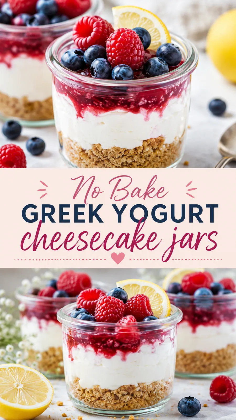 Pinterest image for Easy No Bake Greek Yogurt Cheesecake Jars Recipe, with two photos of the recipe