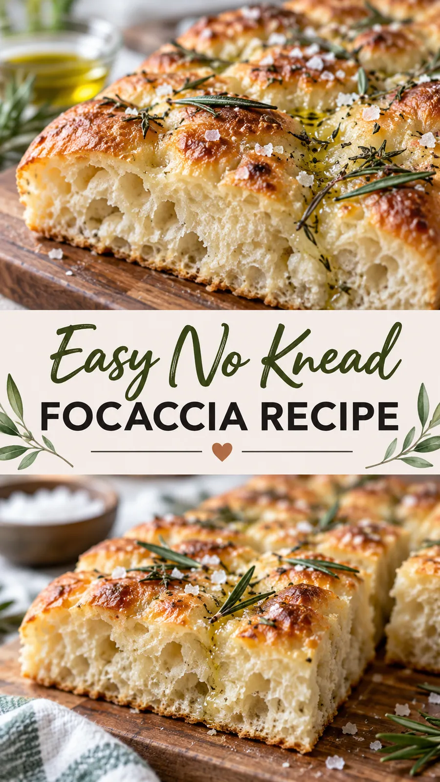 Pinterest image for Easy No Knead Focaccia Recipe, with two photos of the recipe