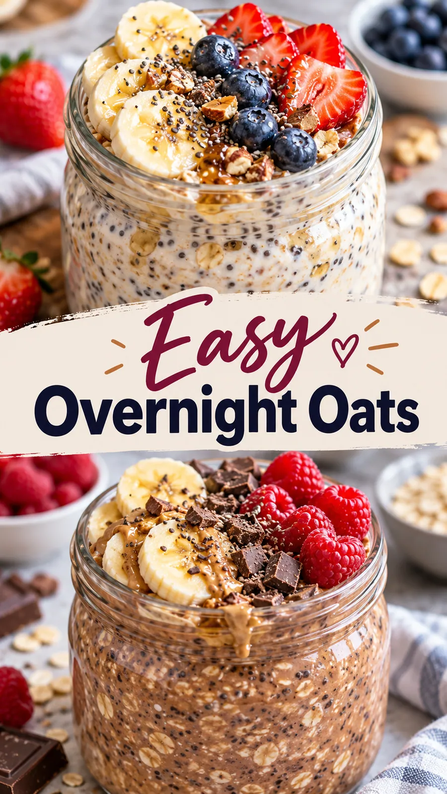 Pinterest image for Easy Overnight Oats, with two photos of the recipe