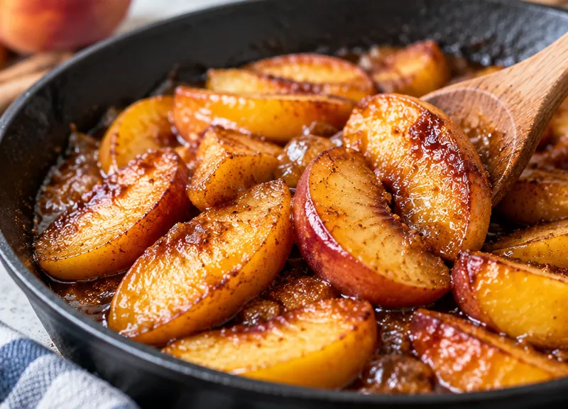 Easy Pan Fried Peaches with Sugar and Cinnamon, ready to serve