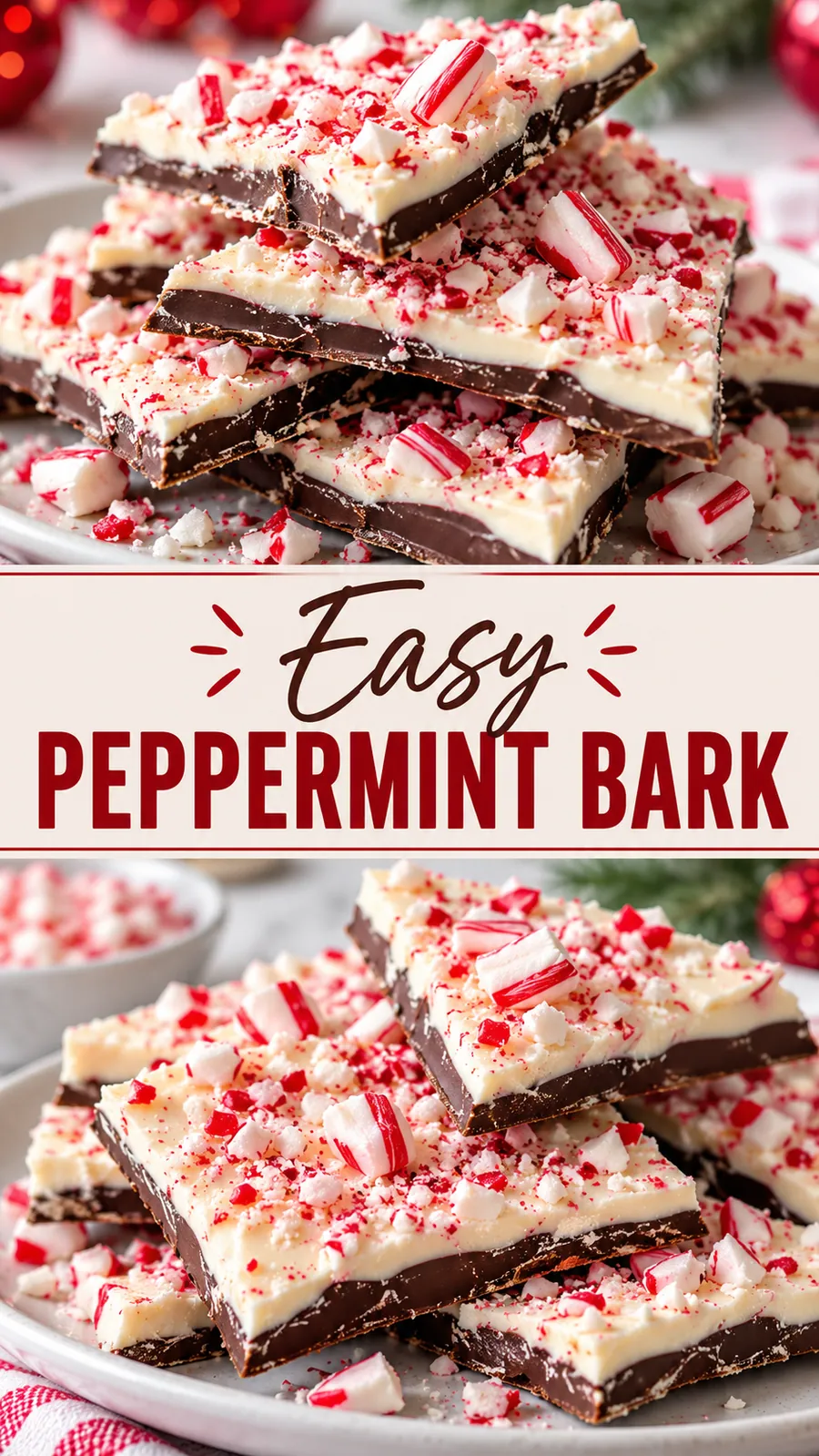 Pinterest image for Easy Peppermint Bark, with two photos of the recipe
