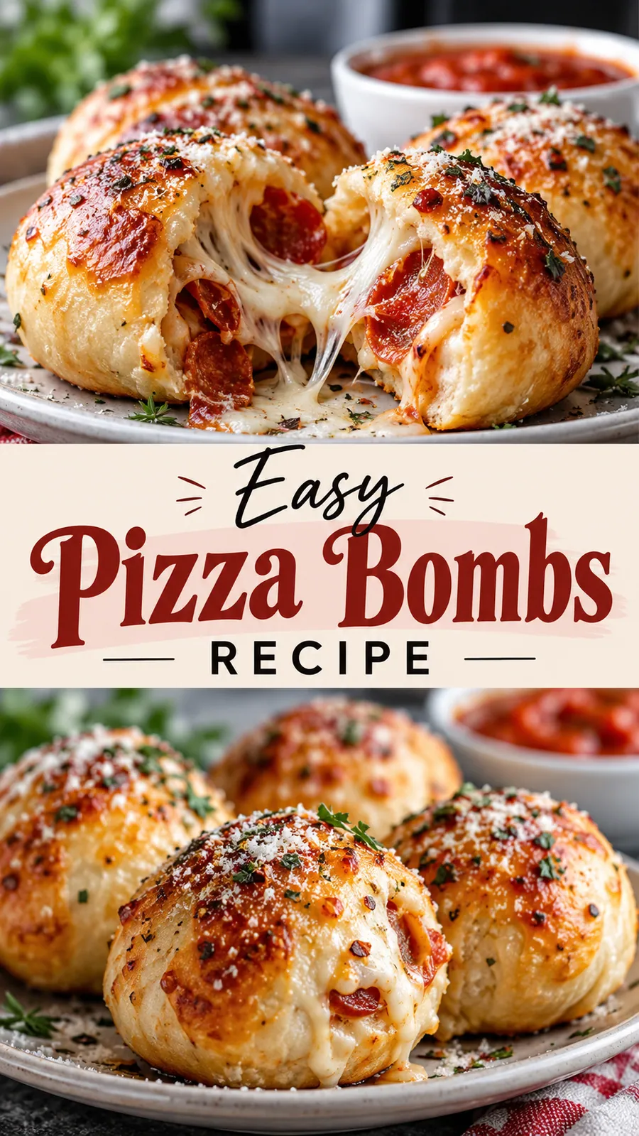 Pinterest image for Easy Pizza Bombs Recipe, with two photos of the recipe