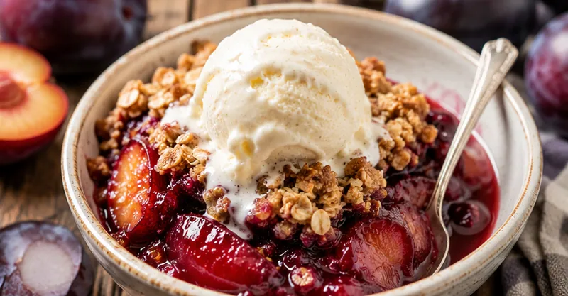 Easy Plum Crisp with Cinnamon Oat Topping, ready to serve