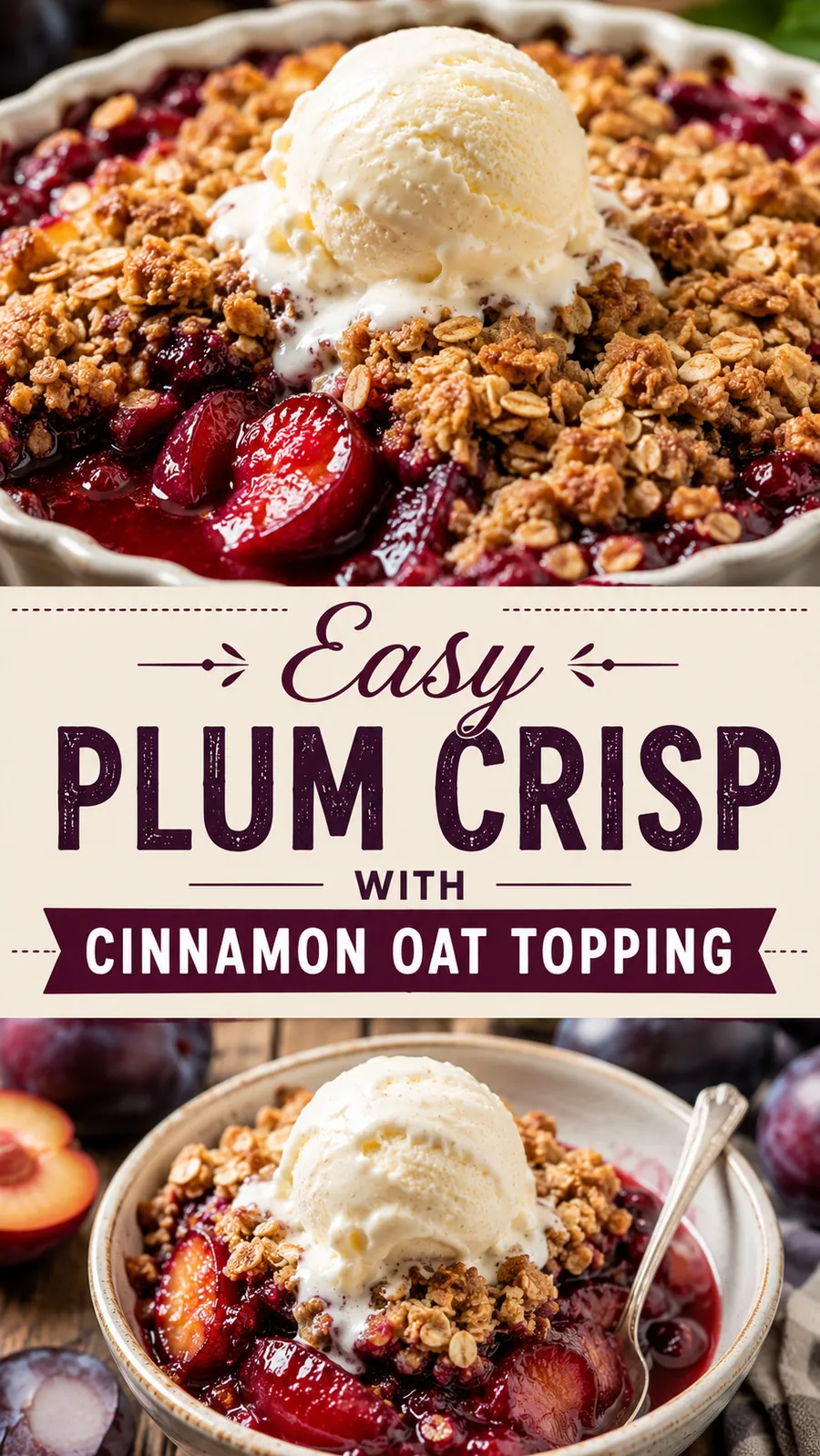 Pinterest image for Easy Plum Crisp With Cinnamon Oat Topping, with two photos of the recipe