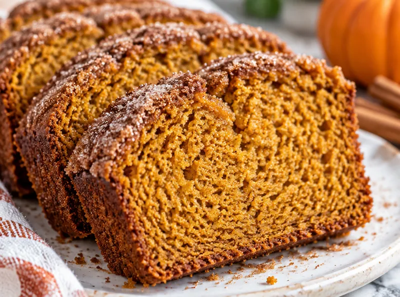 Easy Pumpkin Bread Recipe with Cinnamon Sugar Topping, ready to serve