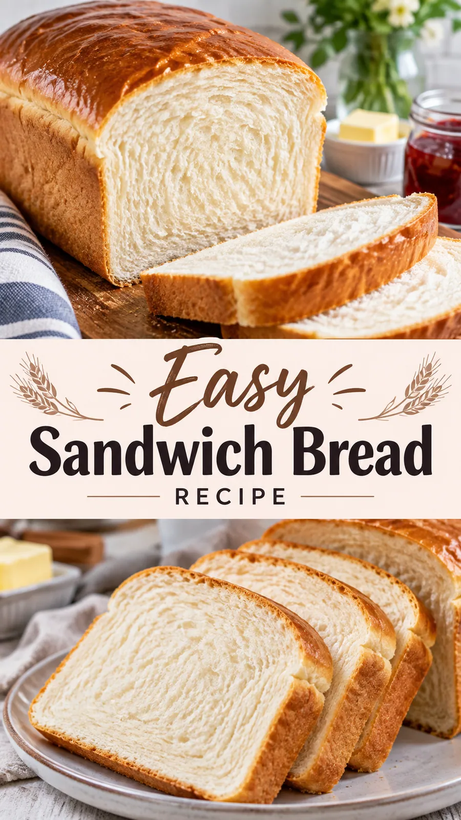 Pinterest image for Easy Sandwich Bread Recipe, with two photos of the recipe
