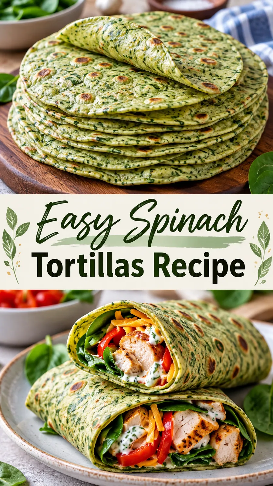 Pinterest image for Easy Spinach Tortillas Recipe, with two photos of the recipe