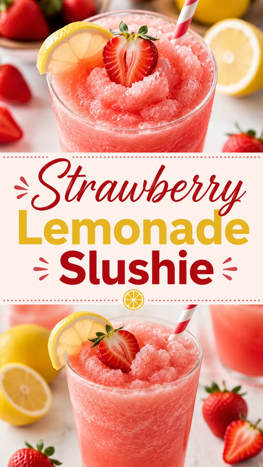 Pinterest image for Easy Strawberry Lemonade Slushie Recipe, with two photos of the recipe