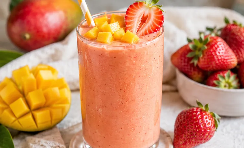 Strawberry Mango Tropical Smoothie, ready to serve