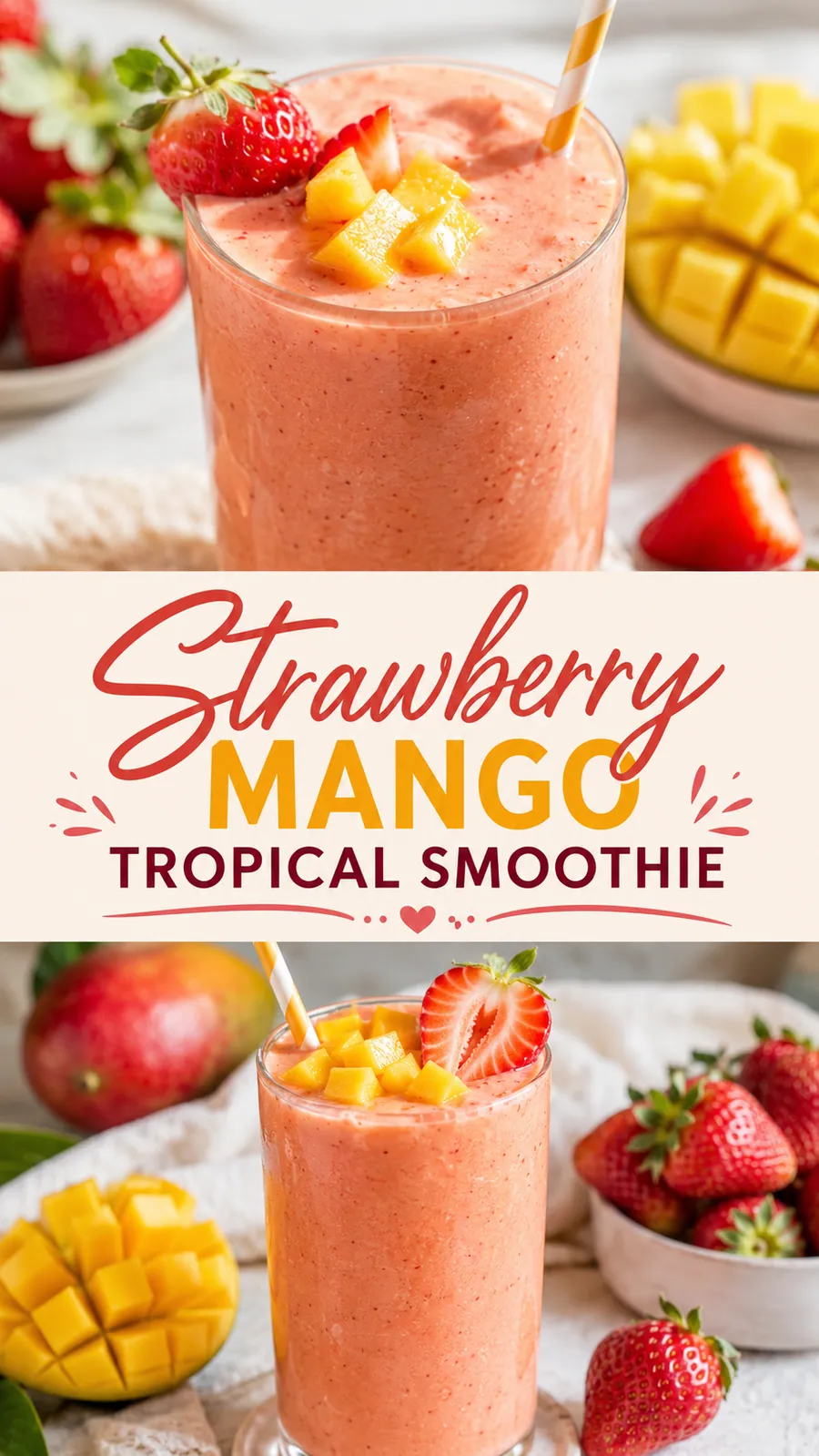 Pinterest image for Easy Strawberry Mango Tropical Smoothie Recipe, with two photos of the recipe