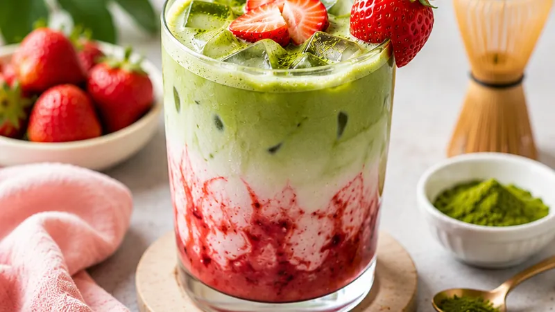 Strawberry Matcha Latte (Iced), ready to serve
