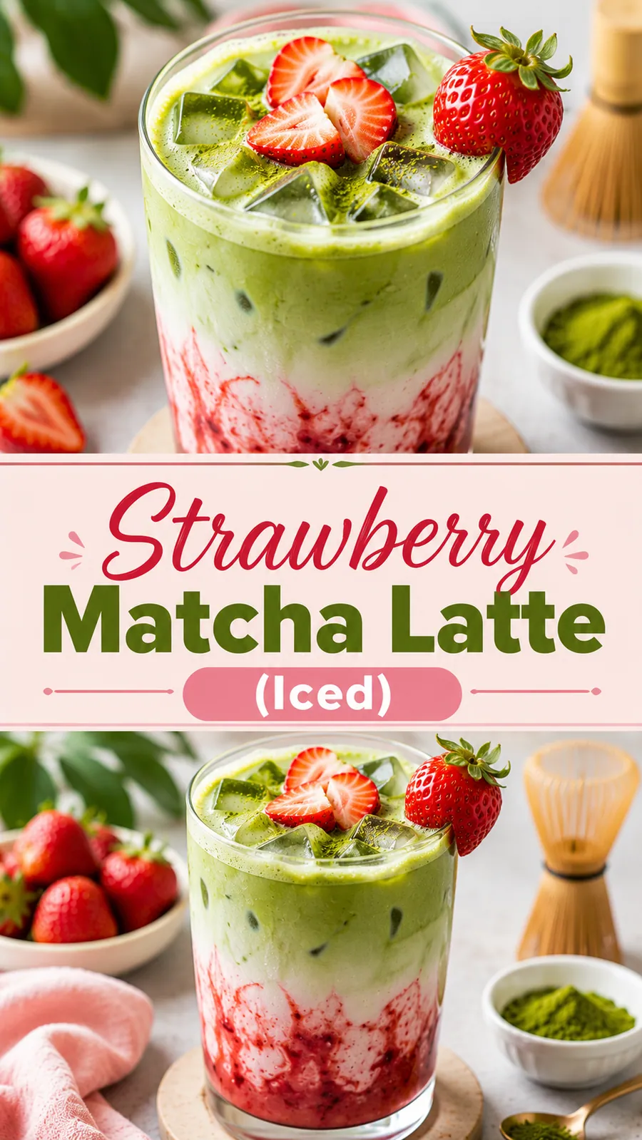 Pinterest image for Easy Strawberry Matcha Latte Recipe (Iced), with two photos of the recipe