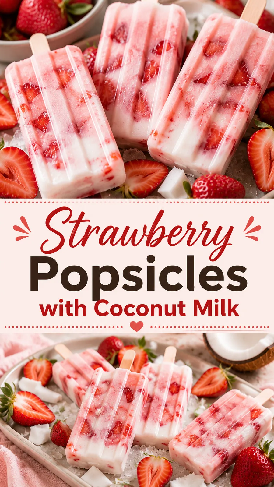 Pinterest image for Easy Strawberry Popsicles With Coconut Milk Recipe, with two photos of the recipe