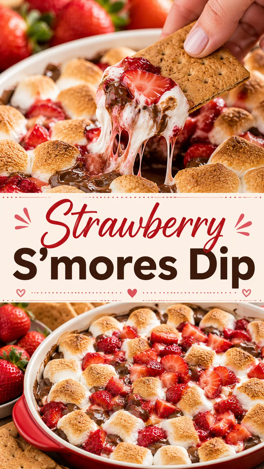 Pinterest image for Easy Strawberry Smores Dip Recipe, with two photos of the recipe