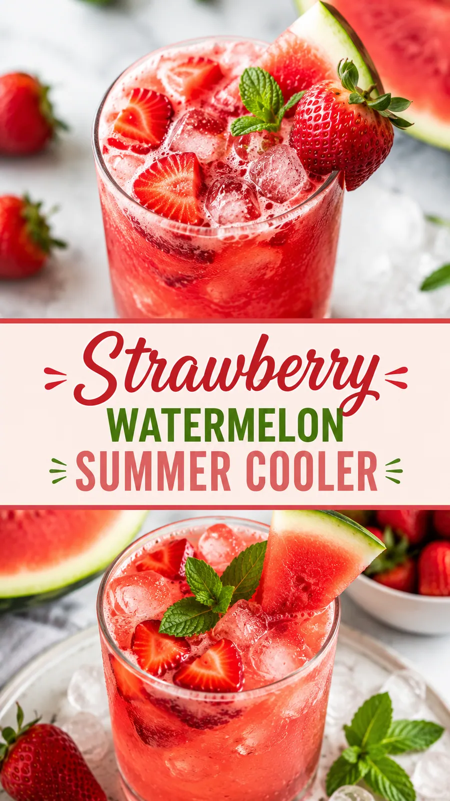 Pinterest image for Easy Strawberry Watermelon Summer Cooler Recipe, with two photos of the recipe