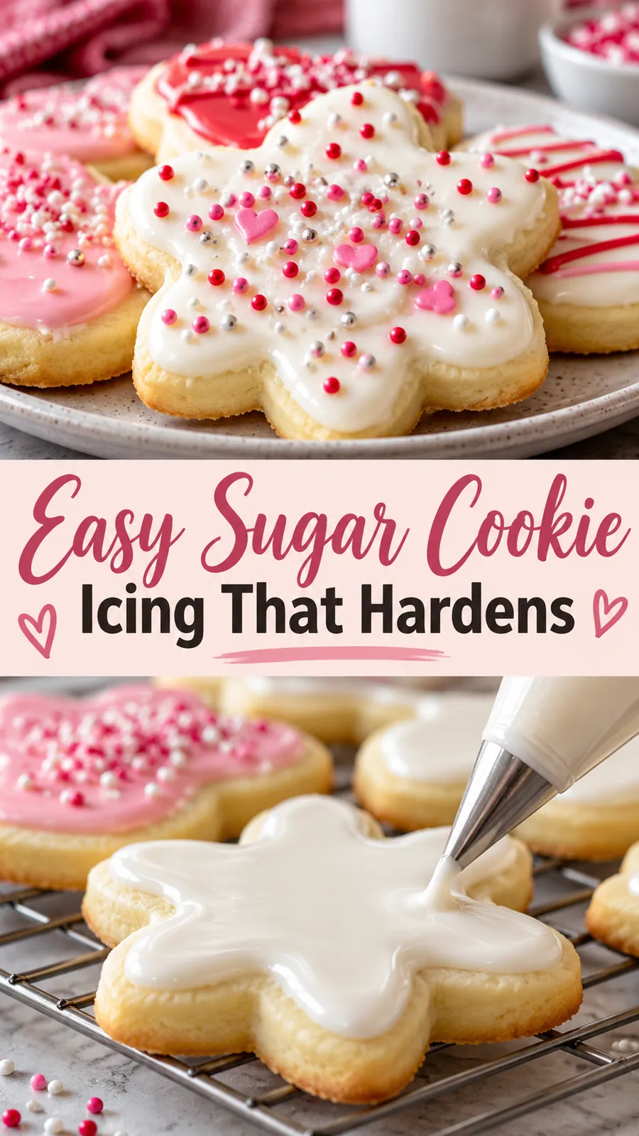 Pinterest image for Easy Sugar Cookie Icing That Hardens, with two photos of the recipe