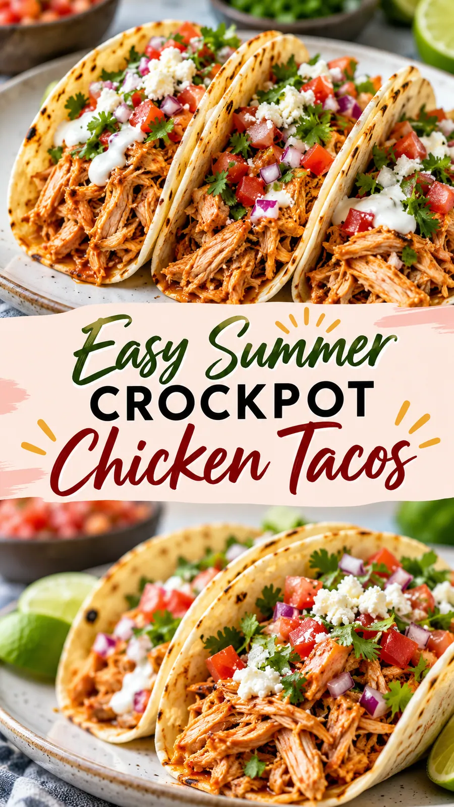 Pinterest image for Easy Summer Crockpot Chicken Tacos, with two photos of the recipe