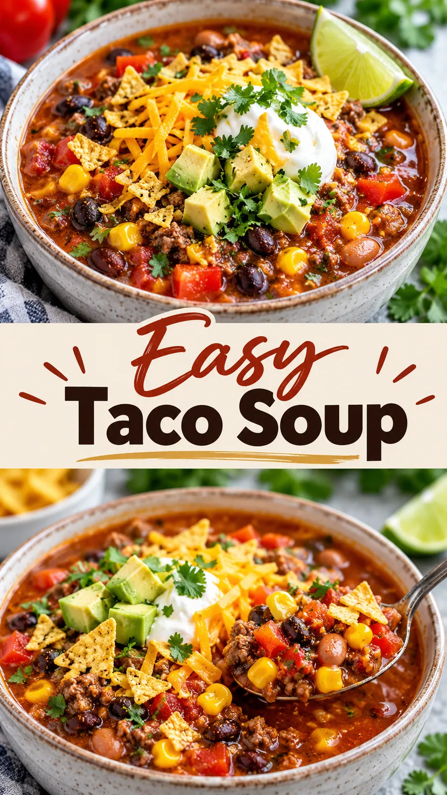 Pinterest image for Easy Taco Soup, with two photos of the recipe