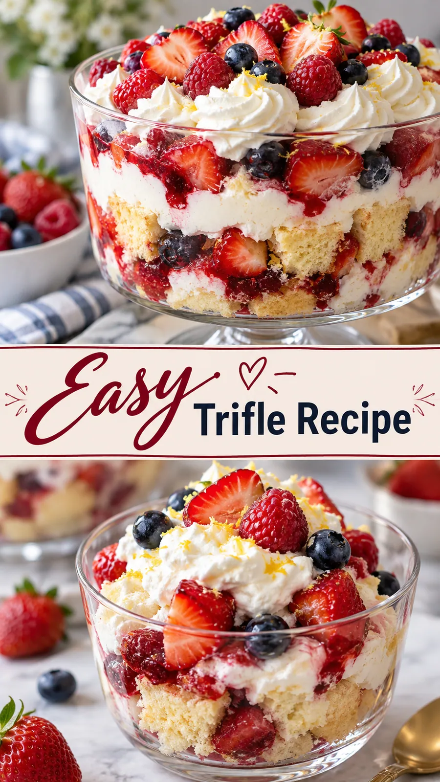 Pinterest image for Easy Trifle Recipe, with two photos of the recipe