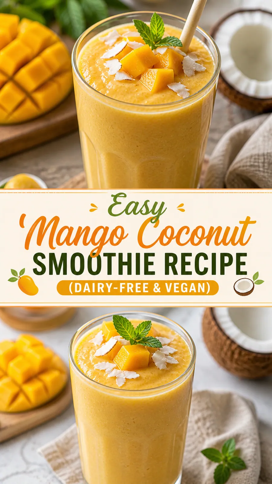 Pinterest image for Easy Vegan Mango Coconut Smoothie Recipe, with two photos of the recipe