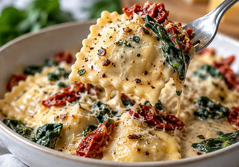 Easy Weeknight Creamy Tuscan Ravioli Recipe, ready to serve
