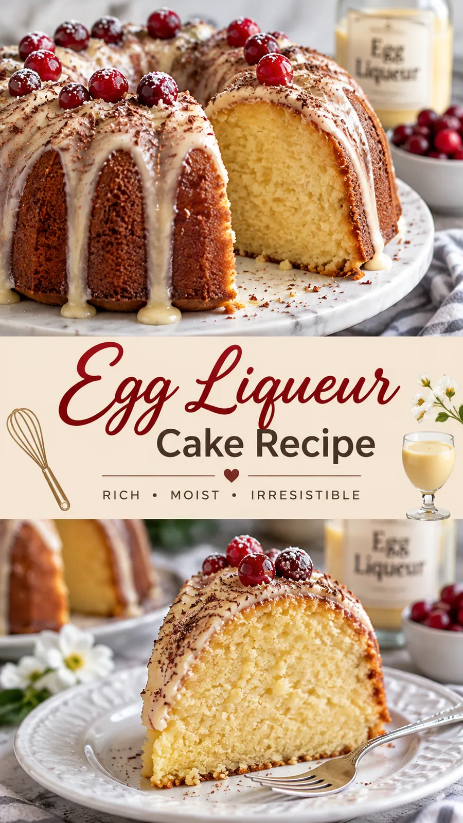 Pinterest image for Egg Liqueur Cake Recipe, with two photos of the recipe