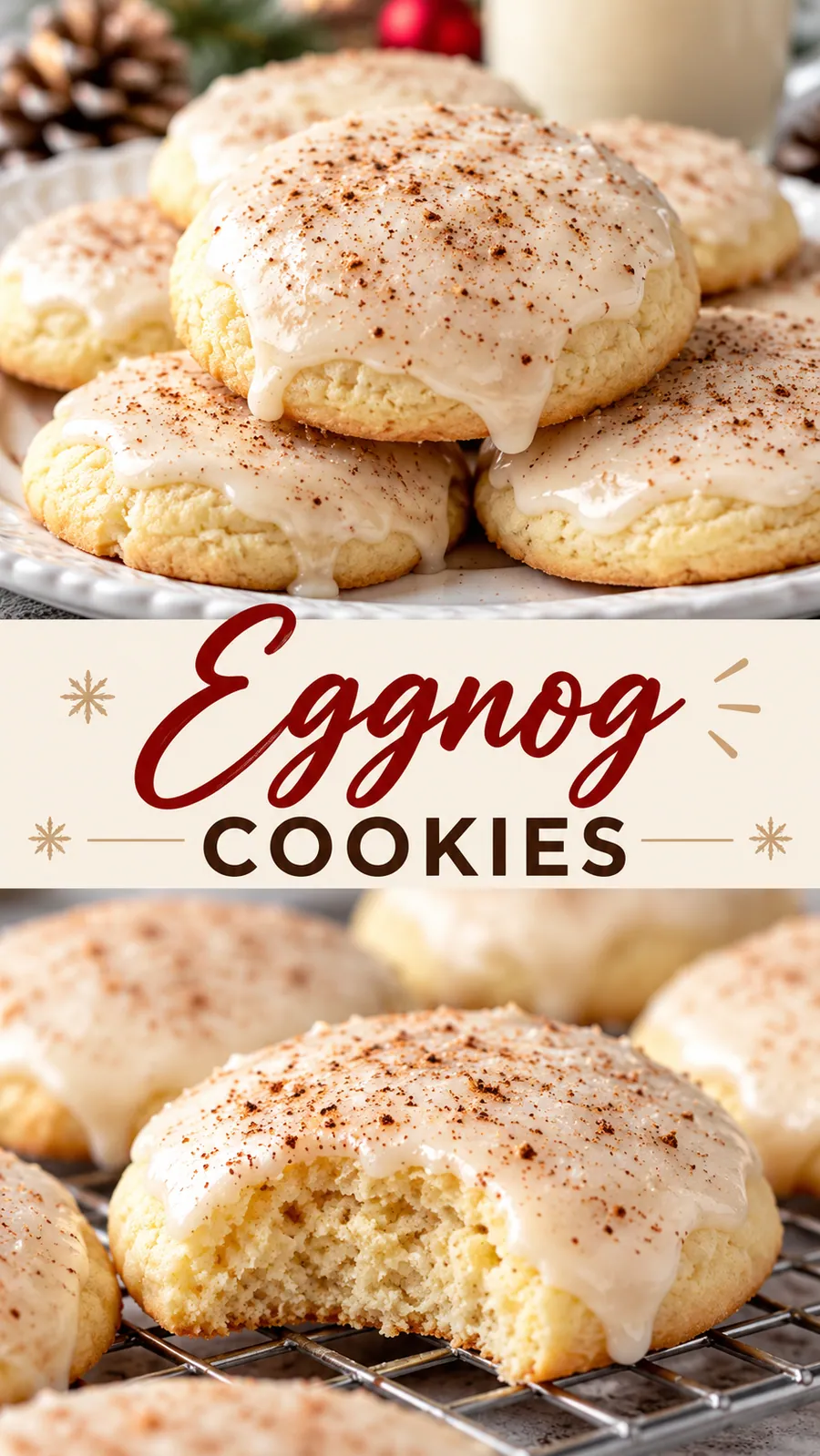 Pinterest image for Eggnog Cookies, with two photos of the recipe