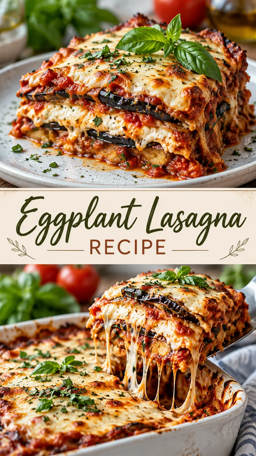 Pinterest image for Eggplant Lasagna Recipe, with two photos of the recipe