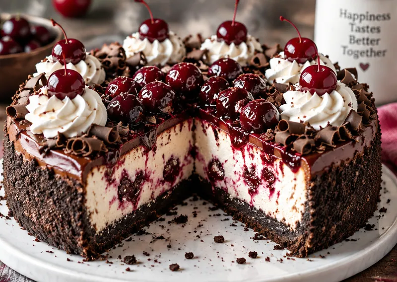 Enchanted Black Forest Cheesecake, ready to serve