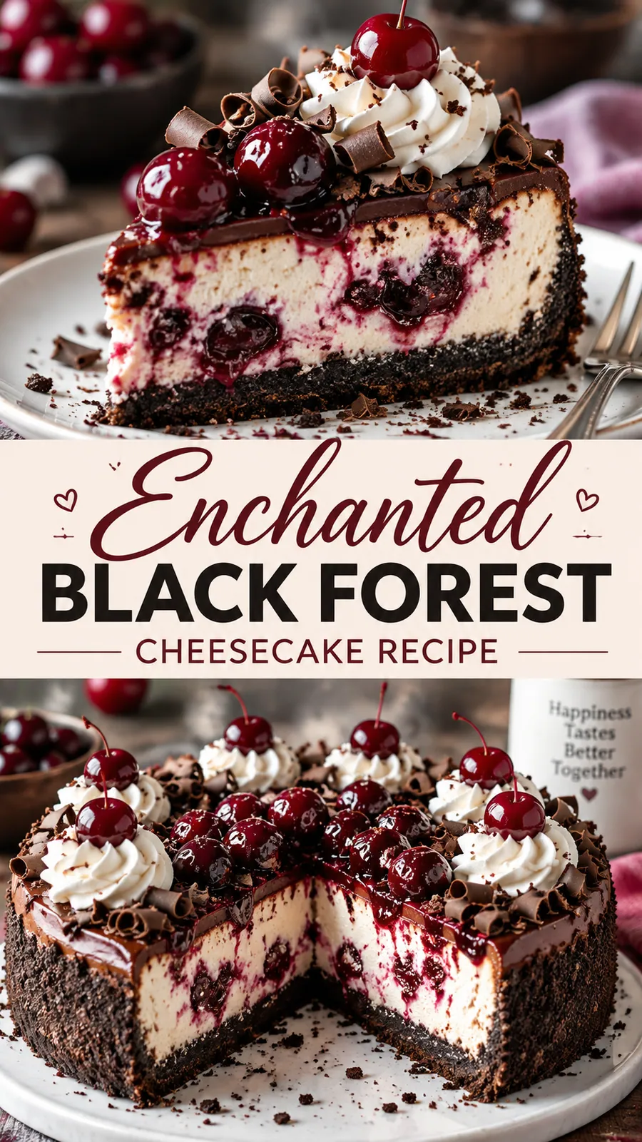 Pinterest image for Enchanted Black Forest Cheesecake Recipe, with two photos of the recipe