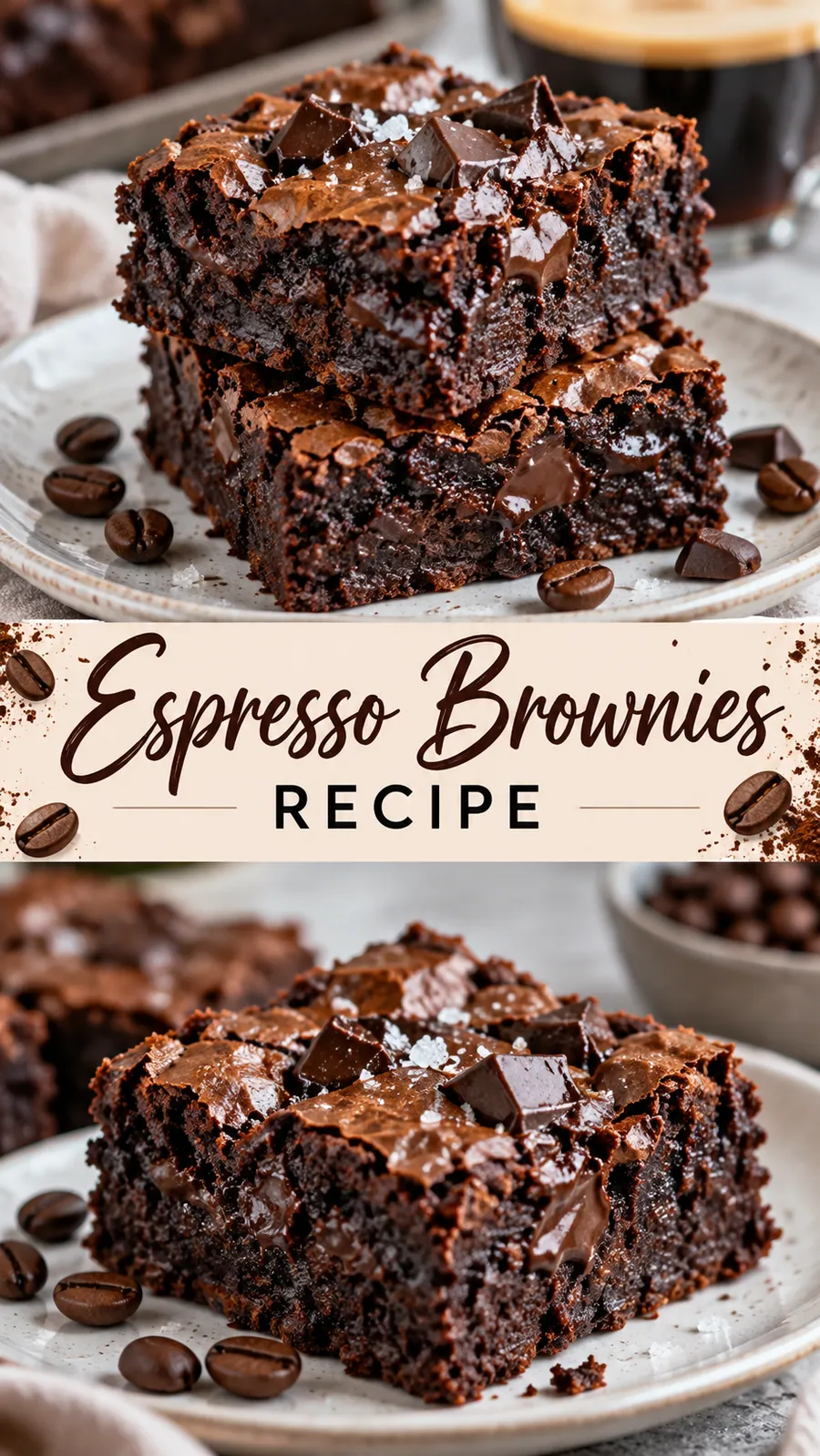 Pinterest image for Espresso Brownies Recipe, with two photos of the recipe