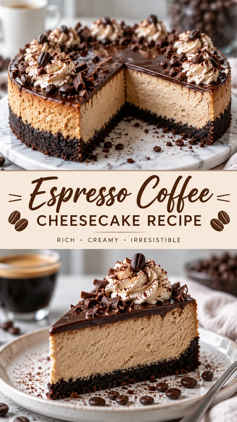 Pinterest image for Espresso Coffee Cheesecake Recipe, with two photos of the recipe